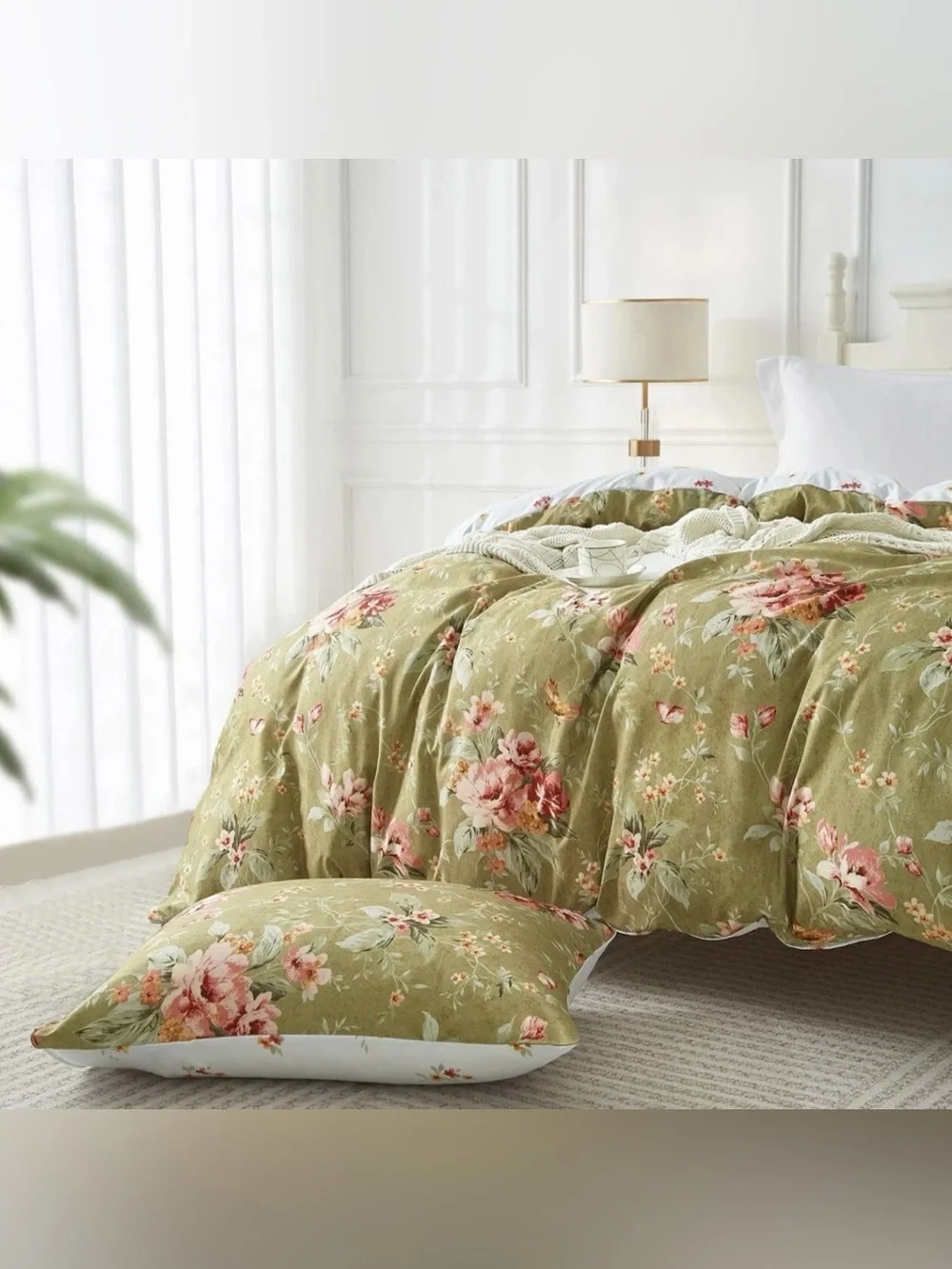NEW Anthro Green Boho Queen / King Size Reversible Floral Bedding Duvet Sham Set